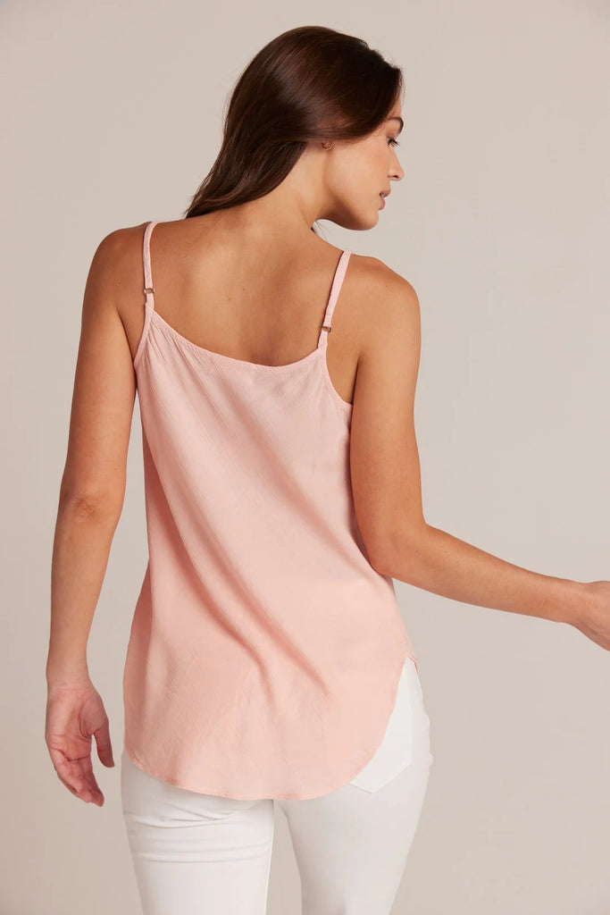 Behind view of bella dahl v neck camisole in blush peach on model