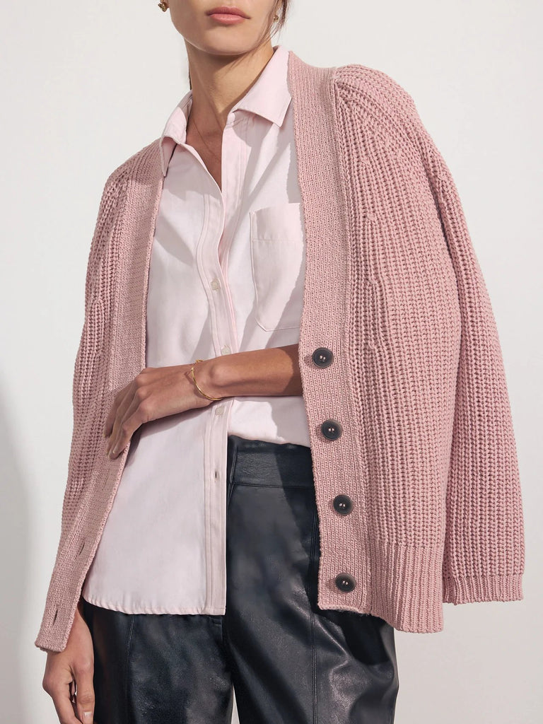 Brochu Walker The Everyday shirt in rose quartz. Light pink women's button down worn on model with black leather pants and pink knitted cardigan on top.