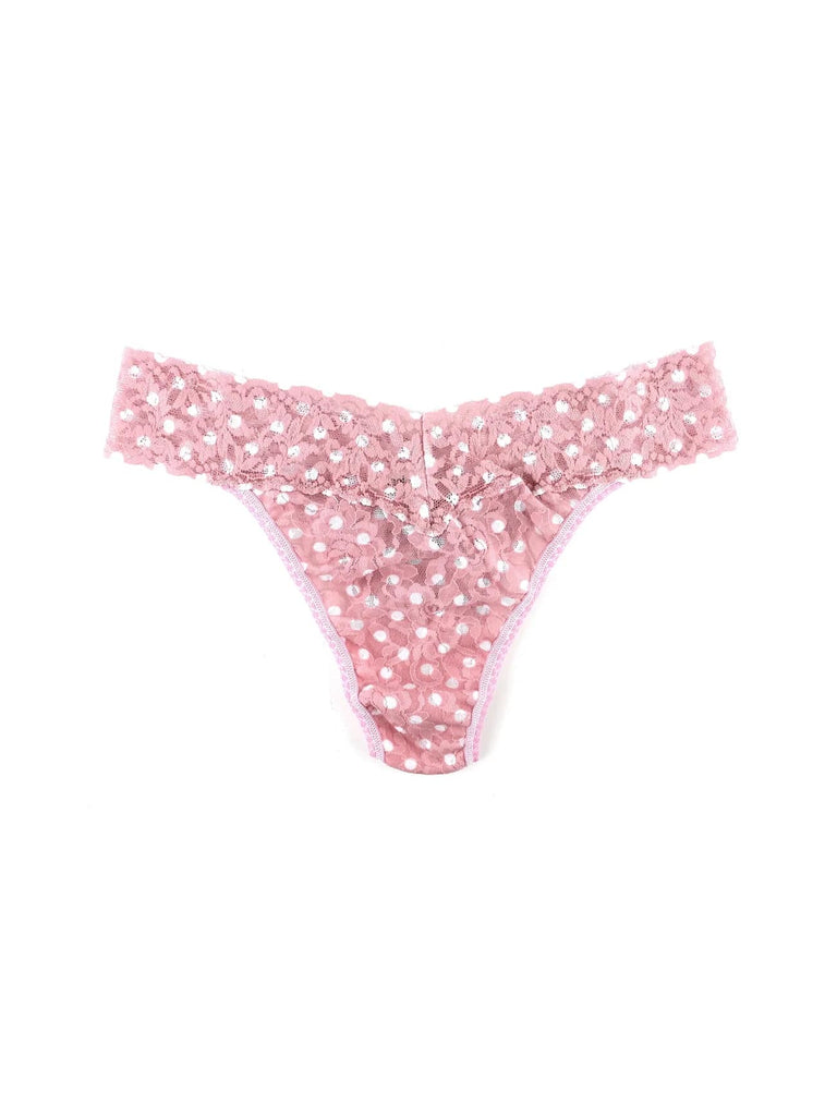hanky panky printed signature lace original rise thong in pink frosting with white dots