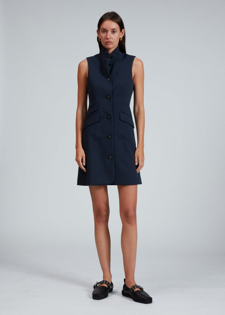 rag and bone women's slade knit twill vest dress in navy on model