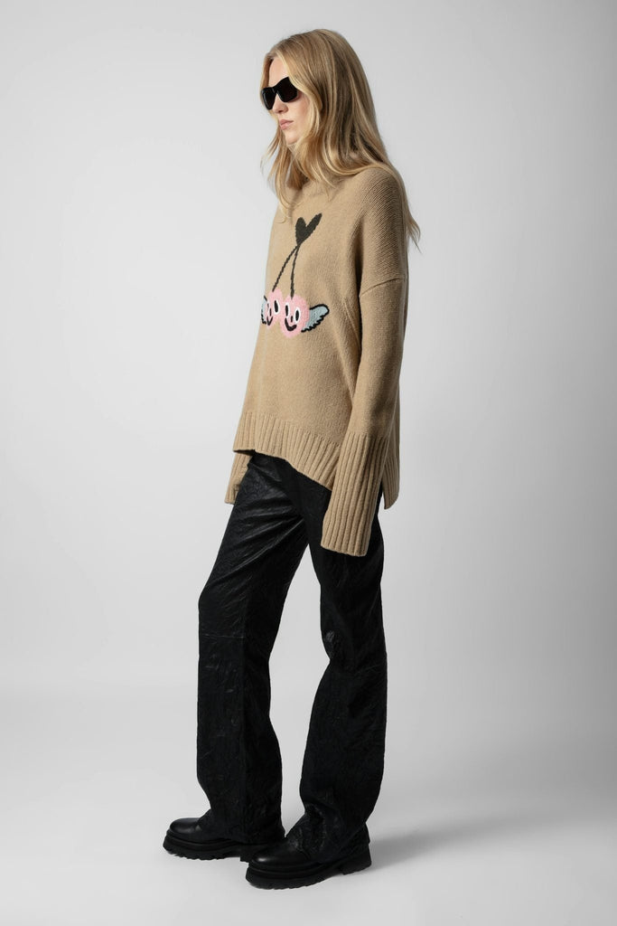 zagid-and-voltaire-alma-sweater-in-nut-brown-merino-wool-sweater-mock-neckline-long-sleeves-side-vents-ribbed-trim-and-thumbholes-intarsia-jacquard-cherry-motifs-and-pointelle-ZV-signature